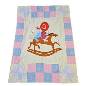 Vintage 70s Homemade Holly Hobbie Quilt‎ Handmade Rocking Horse Patchwork 45x61